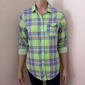 Hollister Womens Plaid Shirt Size XS Button Down Top Blouse Light Green Colorful